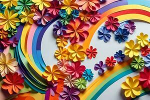 colorful paper flowers arranged in a rainbow shape. AI-Generated photo