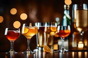 a group of glasses with different types of drinks. AI-Generated photo