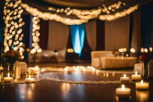 a wedding reception with candles and lights. AI-Generated photo