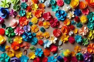 a wall of colorful paper flowers. AI-Generated photo