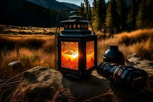 a lantern and camera on a rock in the mountains. AI-Generated photo