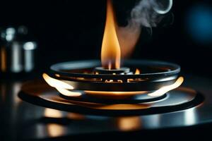 a close up of a gas stove with smoke coming out. AI-Generated photo