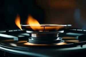 a close up of a gas stove with flames. AI-Generated photo