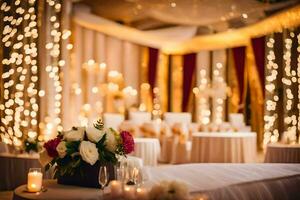 a wedding reception with candles and lights. AI-Generated photo