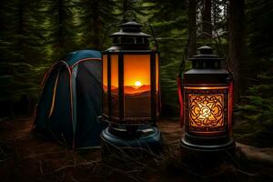 two lanterns in the woods with a tent. AI-Generated photo