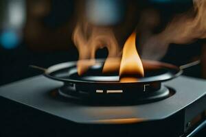 a close up of a gas stove with flames. AI-Generated photo