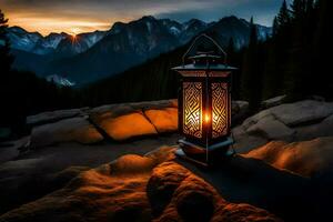 a lantern is lit on a rock in front of a mountain. AI-Generated photo