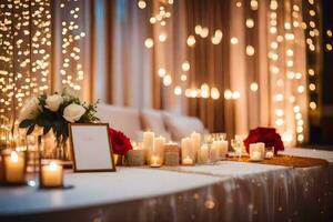 a table with candles and flowers is set up for a wedding reception. AI-Generated photo