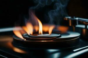 a close up of a turntable with flames coming out of it. AI-Generated photo