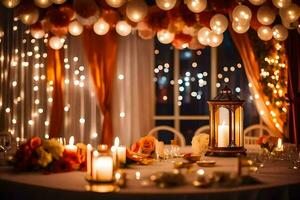 a table with candles and decorations for a wedding. AI-Generated photo