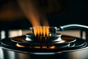 a close up of a gas burner on a stove. AI-Generated photo