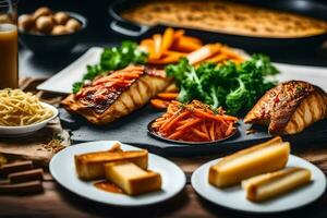 a table with plates of food and drinks. AI-Generated photo
