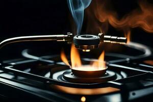 a gas stove with a flame coming out of it. AI-Generated photo