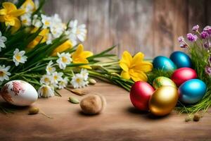 easter eggs and flowers on a wooden table. AI-Generated photo