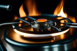 a close up of a gas burner with flames. AI-Generated photo