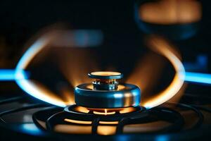 a gas stove with flames and a blue light. AI-Generated photo