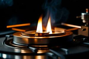 a gas stove with a flame burning on it. AI-Generated photo