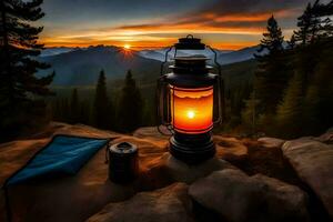 a lantern is lit on a rock in front of a mountain. AI-Generated photo