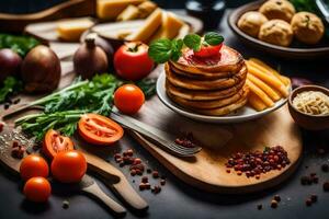 pancakes with tomato sauce and cheese on a wooden table. AI-Generated photo