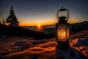 a lantern is lit up in the snow at sunset. AI-Generated photo
