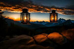 two lanterns on top of a mountain at sunset. AI-Generated photo