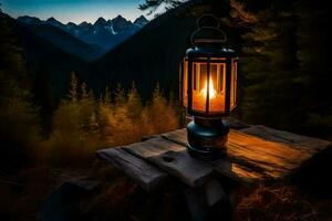 a lantern lit on a log in the mountains. AI-Generated photo