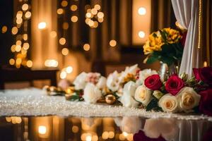 a table with flowers and candles on it. AI-Generated photo