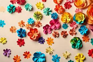 colorful paper flowers are arranged on a white surface. AI-Generated photo