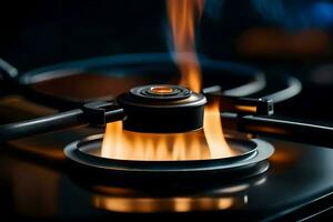 a gas burner on a stove with flames. AI-Generated photo