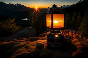 a lantern is lit on a rock in front of a mountain. AI-Generated photo