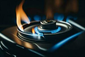 a gas stove with flames and a blue flame. AI-Generated photo