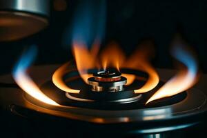 a gas stove with flames on it. AI-Generated photo