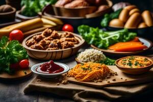 a variety of food on a wooden table. AI-Generated photo