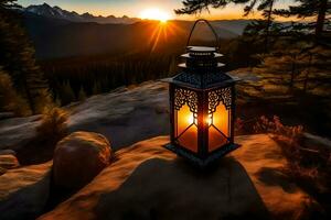 a lantern is lit up on a rock in the mountains. AI-Generated photo