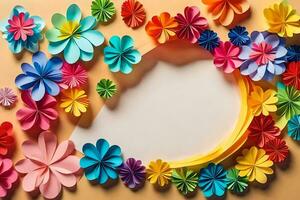 colorful paper flowers arranged in a circle on a beige background. AI-Generated photo