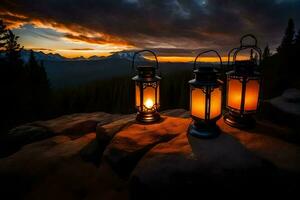 lanterns on the rocks at sunset. AI-Generated photo