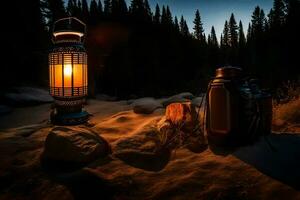 a lantern and a camera on a rocky hillside. AI-Generated photo