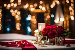 rojo rosas y velas en un mesa con un rojo frazada. generado por ai foto
