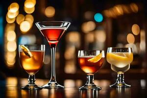 Tres diferente tipos de alcohólico bebidas en un bar encimera. generado por ai foto