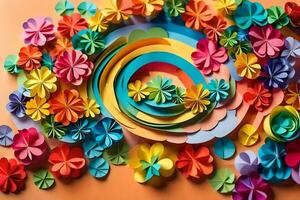 colorful paper flowers arranged in a circle on a yellow background. AI-Generated photo