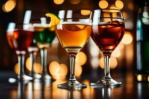 a row of glasses with different colored drinks. AI-Generated photo