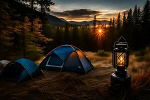 the sun sets over the mountains and the campfire is lit. AI-Generated photo