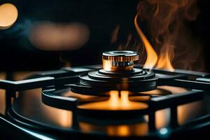 a close up of a gas stove with flames. AI-Generated photo