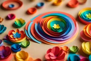 colorful paper flowers arranged on a table. AI-Generated photo