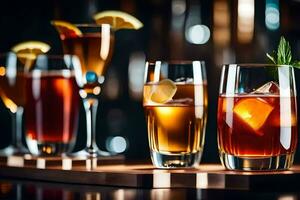a row of glasses with different drinks. AI-Generated photo
