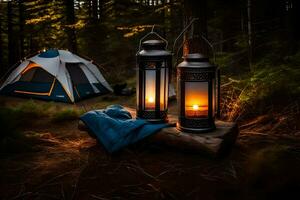 camping lanterns in the woods. AI-Generated photo