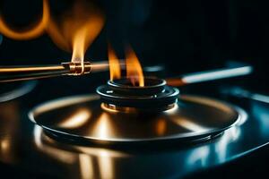 a close up of a gas burner on a stove. AI-Generated photo