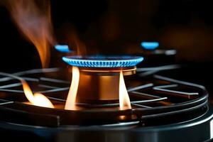 a gas stove with flames and blue smoke. AI-Generated photo