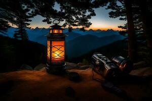 a lantern sits on a rock in front of a mountain. AI-Generated photo