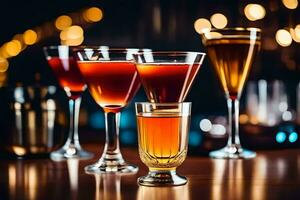three different types of alcoholic drinks on a bar counter. AI-Generated photo